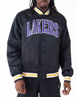 LA Lakers Applique Black Bomber Satin Jacket