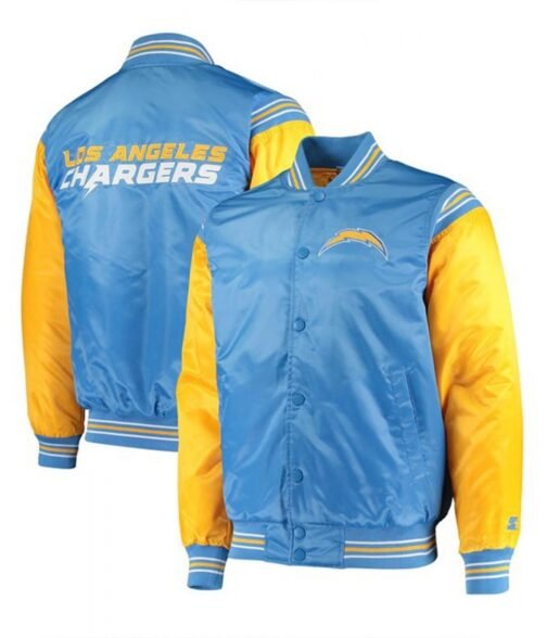 Varsity LA Chargers Light Blue and Yellow Satin Jacket - Image 3