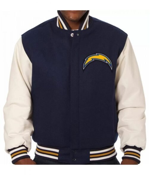 Varsity LA Chargers Navy and White Wool/Leather Jacket