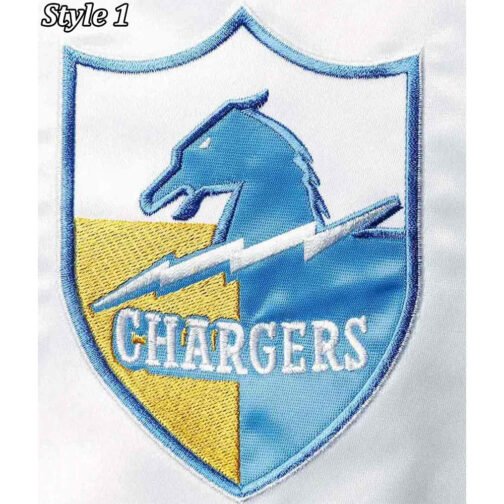 LA Chargers Renegade Throwback White and Powder Blue Varsity Satin Jacket - Image 8