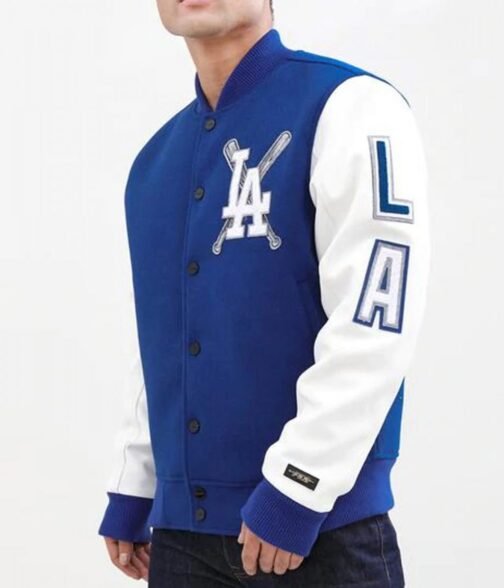 LA Dodgers Blended Blue and White Letterman Jacket - Image 4