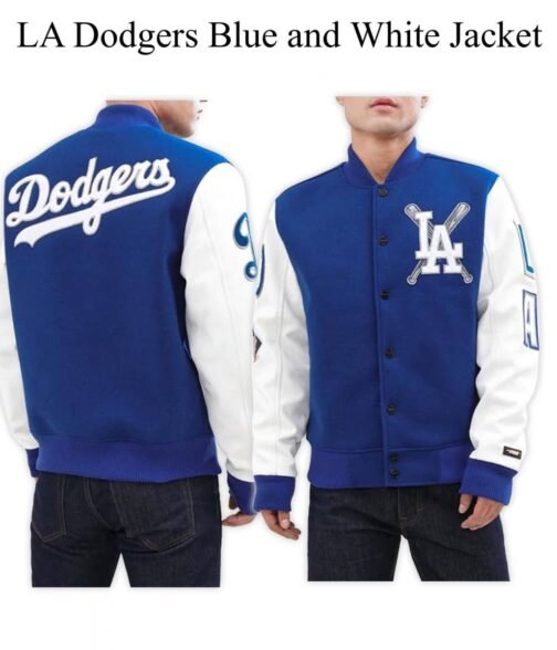 LA Dodgers Blended Blue and White Letterman Jacket - Image 5