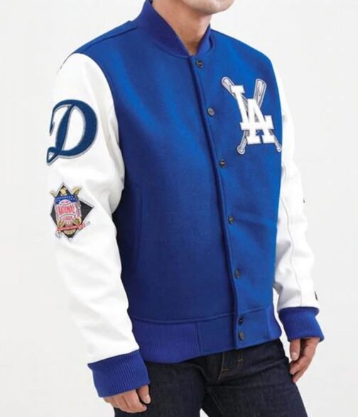 LA Dodgers Blended Blue and White Letterman Jacket - Image 3