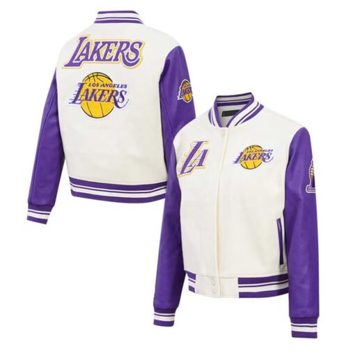 LA Lakers Cream Retro Classic Varsity Jacket - Image 5