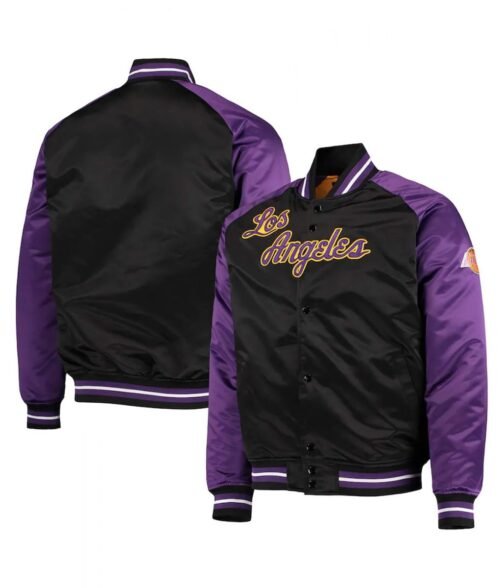 LA Lakers Hardwood Classics Reload 3.0 Purple/Black Satin Jacket - Image 3