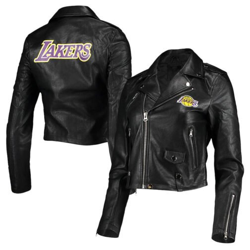 LA Lakers Black Moto Leather Jacket - Image 3