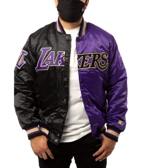 LA Lakers Purple and Black Satin Bomber Jacket - Image 3