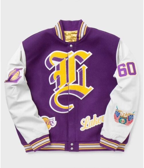 LA Lakers Letterman Purple Wool and White Leather Jacket - Image 3
