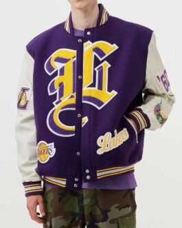 LA Lakers Letterman Purple Wool and White Leather Jacket