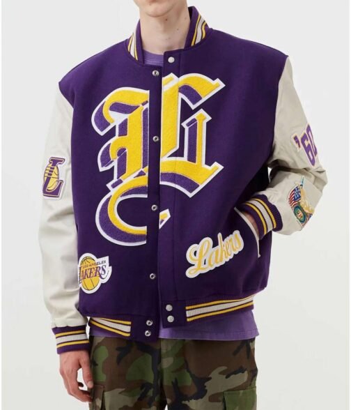 LA Lakers Letterman Purple Wool and White Leather Jacket