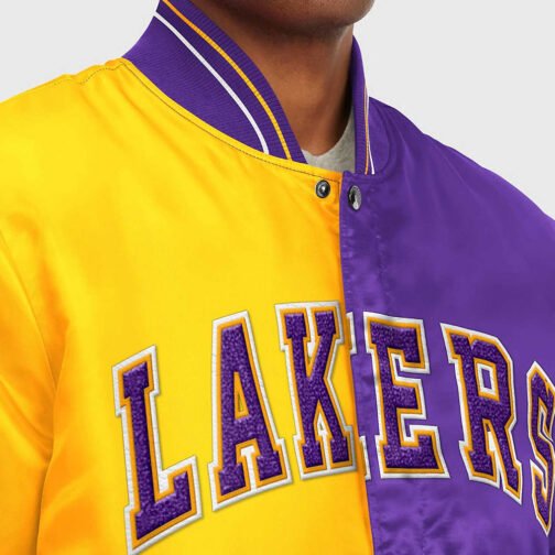 LA Lakers Purple and Yellow Varsity Satin Jacket - Image 3
