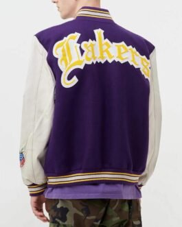 LA Lakers Letterman Purple Wool and White Leather Jacket