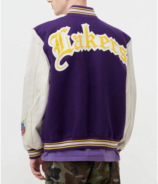 LA Lakers Letterman Purple Wool and White Leather Jacket - Image 2