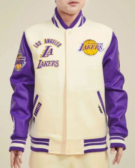 LA Lakers Retro Classic Rib Off White and Purple Varsity Jacket