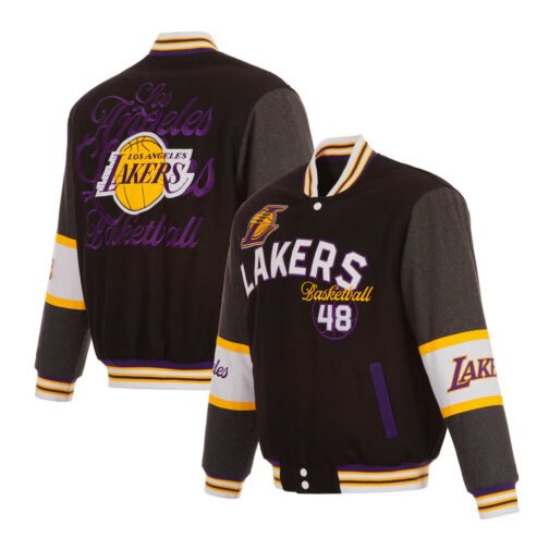 LA Lakers Black and Charcoal Varsity Wool Jacket - Image 3