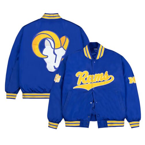 LA Rams Gold Rib Bomber Royal Satin Jacket - Image 3