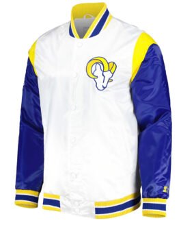 LA Rams Throwback Warm Up Pitch White Varsity Satin Jacket