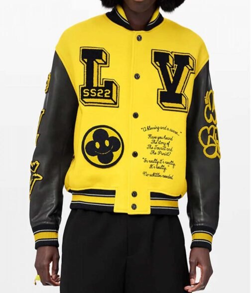 LV Letterman Yellow and Black Leather Jacket - Image 2