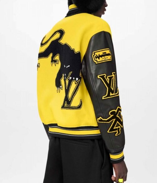 LV Letterman Yellow and Black Leather Jacket - Image 3