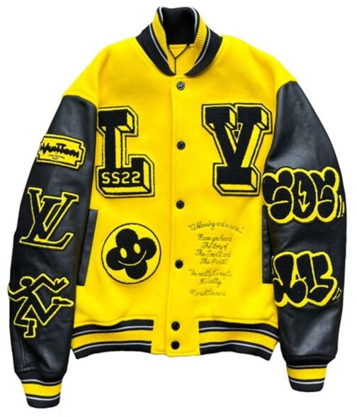 LV Letterman Yellow and Black Leather Jacket - Image 4
