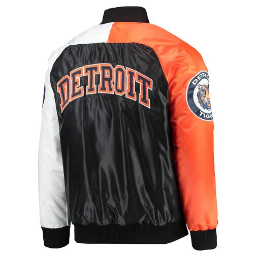 Detroit Tigers Tri-Color Navy Blue/Orange Varsity Satin Jacket - Image 2