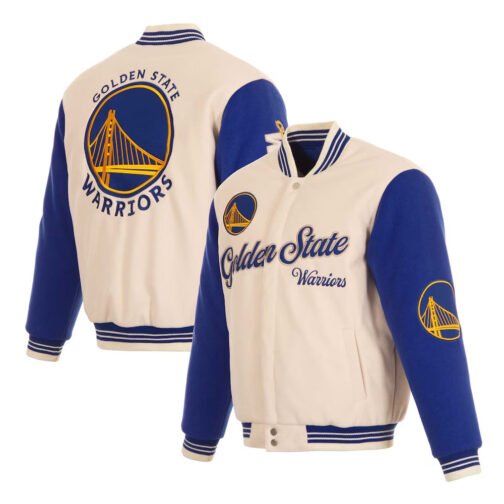 Golden State Warriors Cream and Blue Varsity Jacket - Image 5