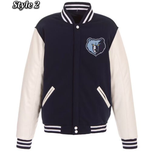 Memphis Grizzlies Navy and White Varsity Wool & Leather Jacket - Image 2