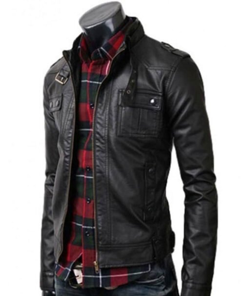 Men’s Strap Collar Casual Slim Fit Black Leather Jacket - Image 3