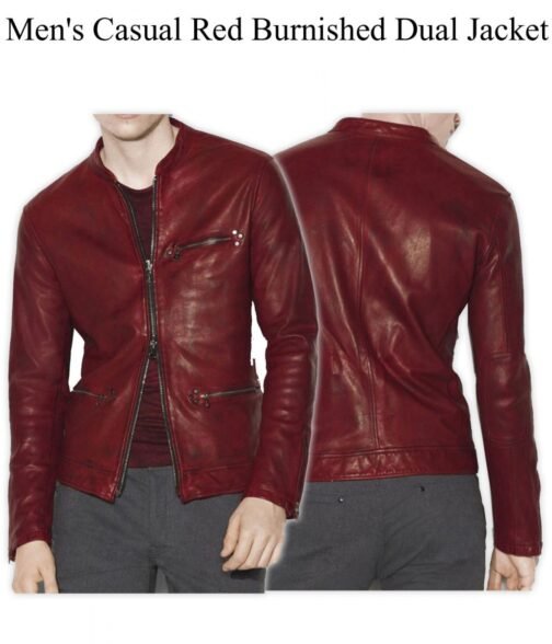 Men’s Casual Red Burnished Dual Zipper Jacket - Image 5