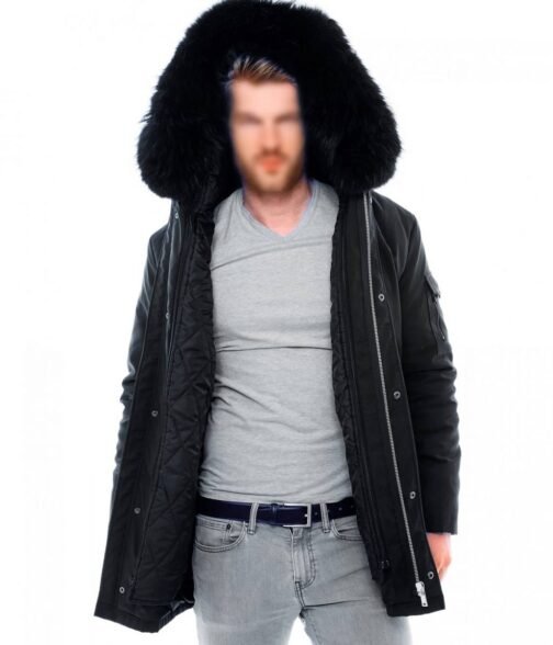 Men’s Black Admiral Hooded Coat with Fur Collar - Image 6