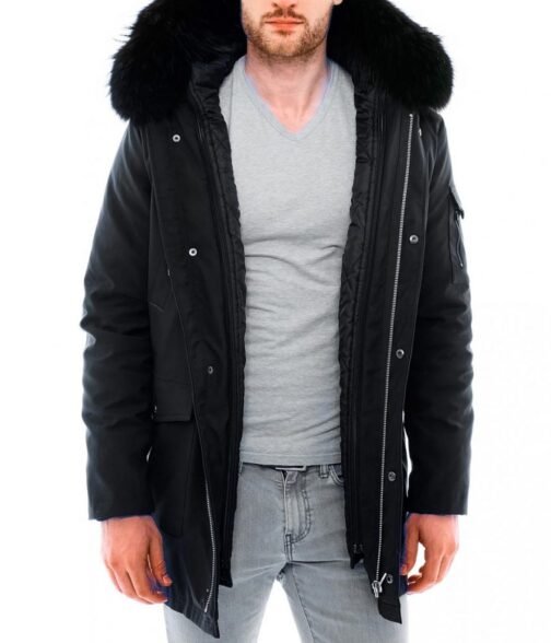 Men’s Black Admiral Hooded Coat with Fur Collar - Image 4