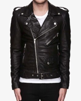 Men’s Belted Asymmetrical Motorcycle Black Leather Jacket