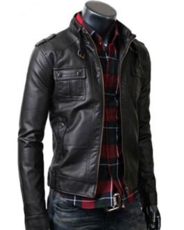 Men’s Strap Collar Casual Slim Fit Black Leather Jacket