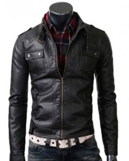 Men’s Strap Collar Casual Slim Fit Black Leather Jacket