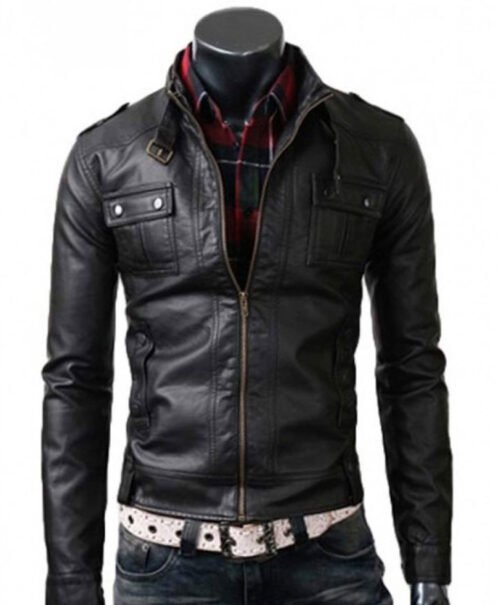 Men’s Strap Collar Casual Slim Fit Black Leather Jacket - Image 2