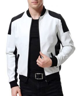 Men’s Black and White Leather Biker Bomber Jacket
