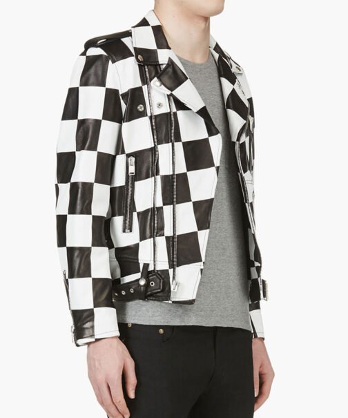 Men’s Biker Asymmetrical Zipper Checkerboard Leather Jacket - Image 4