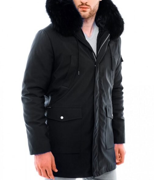 Men’s Black Admiral Hooded Coat with Fur Collar - Image 3