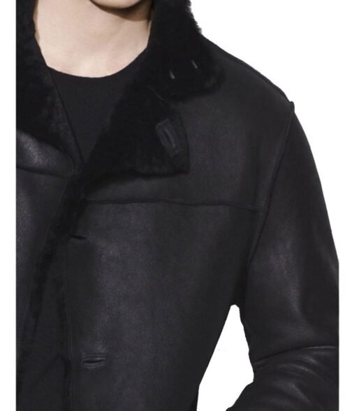 Men’s Casual Button Closure Black Leather Shearling Coat - Image 3