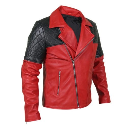 Men’s Black Diamond Quilted Shoulders Red Leather Jacket - Image 3