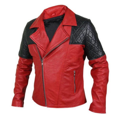 Men’s Black Diamond Quilted Shoulders Red Leather Jacket - Image 4