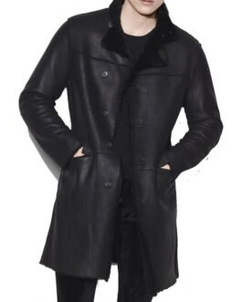 Men’s Casual Button Closure Black Leather Shearling Coat