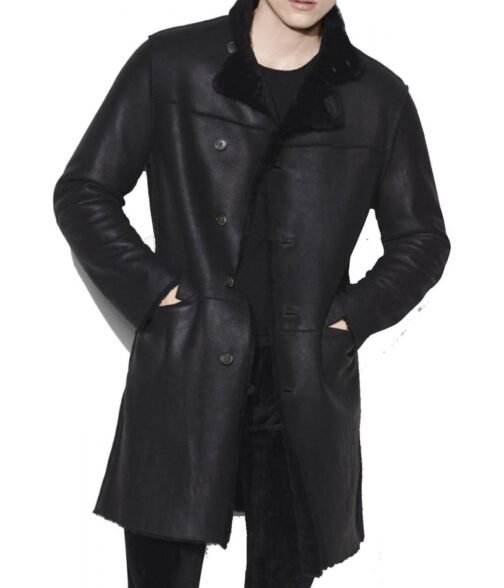 Men’s Casual Button Closure Black Leather Shearling Coat