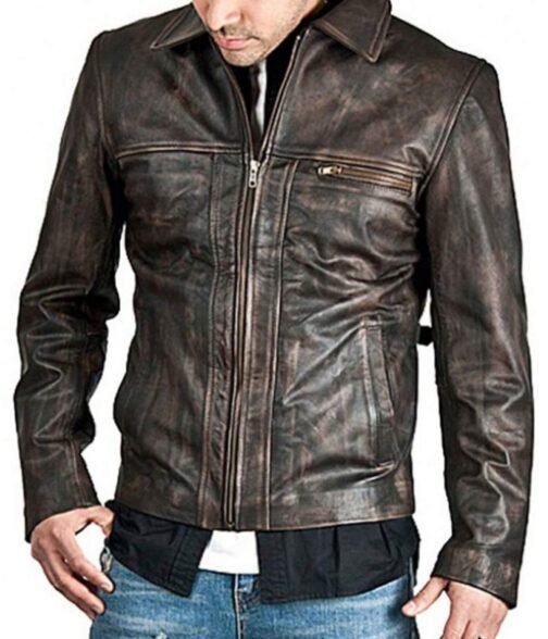Men’s Zip Up Shirt Collar Brown Distressed Leather Jacket