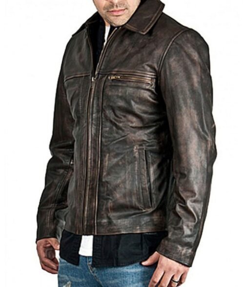 Men’s Zip Up Shirt Collar Brown Distressed Leather Jacket - Image 3