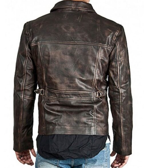 Men’s Zip Up Shirt Collar Brown Distressed Leather Jacket - Image 2