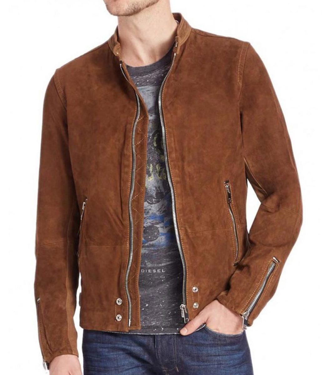 Men’s Casual Zipper Pockets Brown Suede Leather Jacket - Image 3