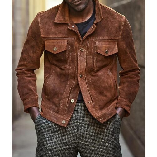 Men’s Brown Suede Leather Trucker Jacket - Image 3