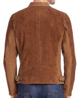 Men’s Casual Zipper Pockets Brown Suede Leather Jacket