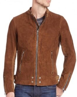 Men’s Casual Zipper Pockets Brown Suede Leather Jacket